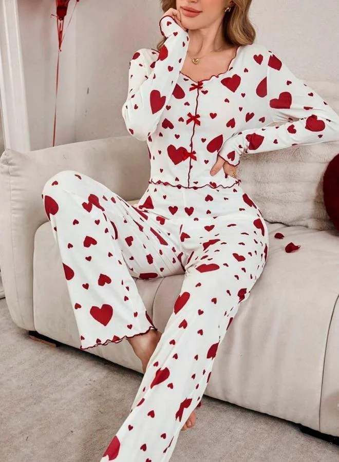 Take Two white Love-Heart Printed Long Sleeve Top and Pyjama Set for Women | Best Price UAE